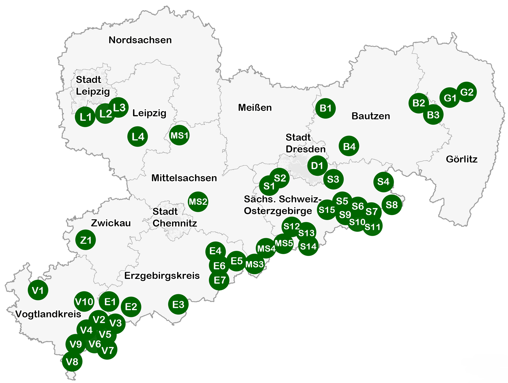 Übersichtskarte der Landkreise in Sachsen mit markierten Standorten der Lehrpfade